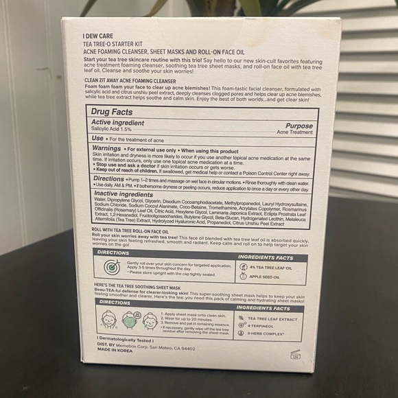 I Dew Care Tea Tree O Starter Kit Acne Foaming Cleanser Sheet Masks and Roll on - Picture 3 of 6